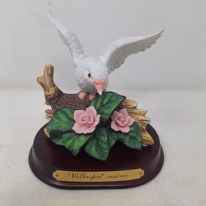 Wellington Collection White Dove On Wood Stand Figurine Rose Floral Branch